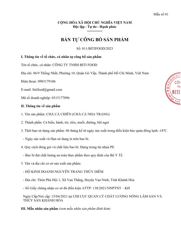 2023 Ban tu cong bo Cha Ca Nha Trang BiTi Food CHIEN page 0001