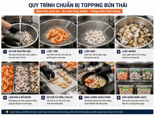 quy trinh chuan bi topping bun thai
